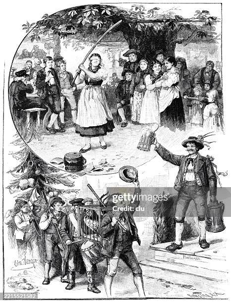 thuringia, traditional custom, pot-beating and cock-beating - street party stock illustrations
