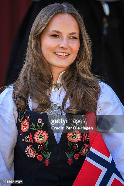 Princess Ingrid Alexandra of Norway attends the Norwegian Constitution Day with the children's parade at their residence Skaugum on May 17, 2025 in...