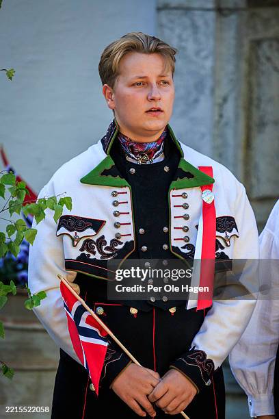 Prince Sverre Magnus of Norway attends the Norwegian Constitution Day with the children's parade at their residence Skaugum on May 17, 2025 in Oslo,...