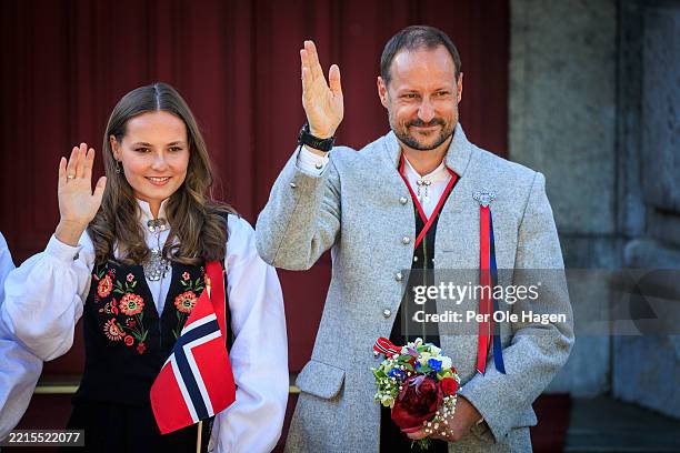 Princess Ingrid Alexandra and Crown Prince Hakon Magnus of Norway attend the Norwegian Constitution Day with the children's parade at their residence...
