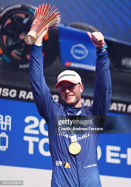 Race winner, Stoffel Vandoorne of Belgium and Maserati MSG Racing celebrates on the podium with his trophy during the Tokyo E-Prix, Round 8 of the...