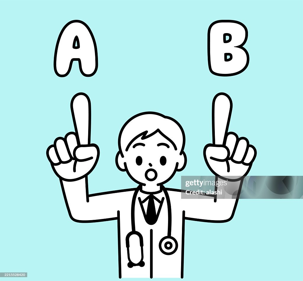 A young doctor in a white coat with a stethoscope, pointing to two options with his index finger, A or B, talking and asking, looking at the viewer. Front view, black outline with flat colors, minimalist style