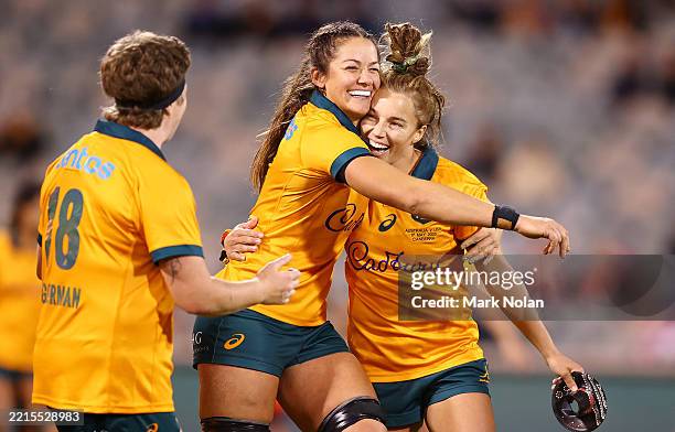 Wallaroos celebrate winning the Pacific Four Series International Match between Australia Wallaroos and USA at GIO Stadium on May 17, 2025 in...