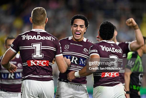 Lehi Hopoate of the Sea Eagles celebrates after scoring a try during the round eleven NRL match between Cowboys and Sea Eagles at Queensland Country...
