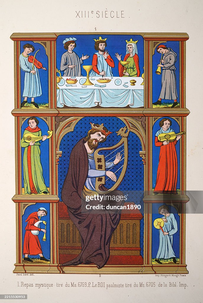 Mittelalterliche Geschichte, Musik und Religion, Salmistenkönig David spielt Harfe, Musiker, Musikinstrumente, Dudelsack, Laute, Geige, Französische Kunst des 13. Jahrhunderts