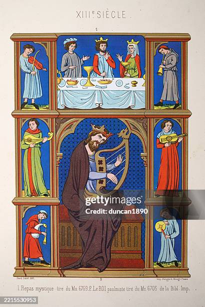 illustrazioni stock, clip art, cartoni animati e icone di tendenza di storia medievale, musica e religione, davide il re salmista che suona l'arpa, musicisti, strumenti musicali, cornamuse, liuto, violino, arte francese del xiii secolo - menestrello-persona