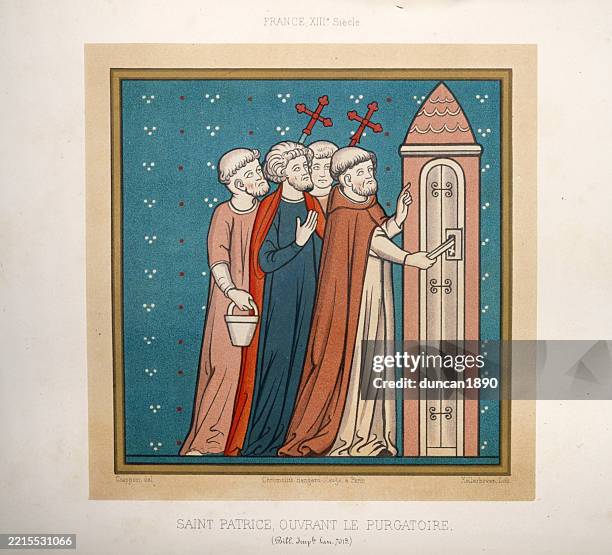 medieval history, saint patrick, opening purgatory, unlocking door with key, 13th century french religious art - purgatory stock illustrations