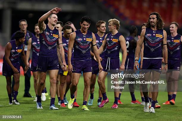 Dockers players celebrate victory during the round ten AFL match between GWS Giants v Walyalup at ENGIE Stadium on May 17, 2025 in Sydney, Australia.