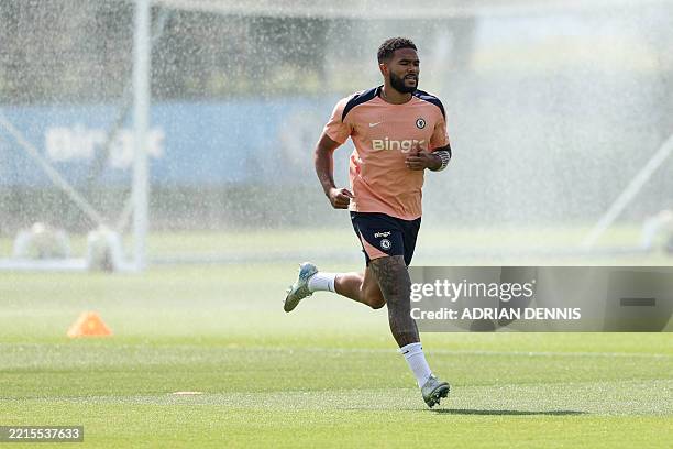 Chelsea's English defender Reece James takes part in a team training session at Chelsea's Cobham training facility in Stoke D'Abernon, southwest of...