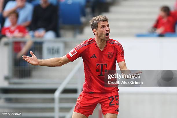 Thomas Mueller of Bayern Munich reacts during the Bundesliga match between TSG 1899 Hoffenheim and FC Bayern München at PreZero-Arena on May 17, 2025...