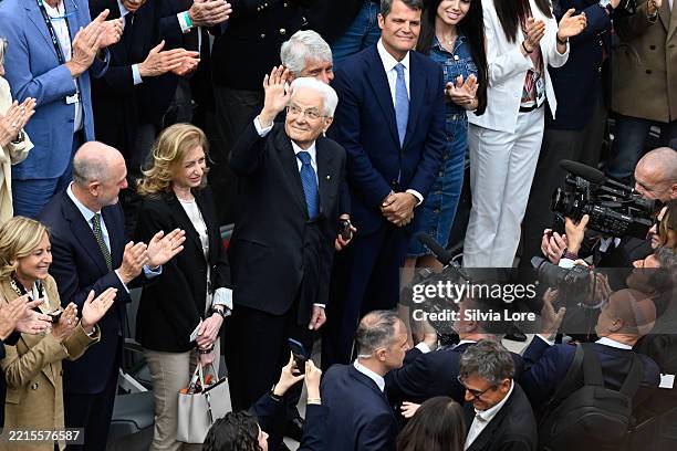 Italian President Sergio Mattarella greets before the women's singles final match for the WTA Rome Open tennis tournament at Foro Italico on May 17,...