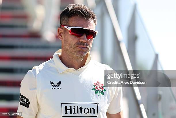 James Anderson of Lancashire looks on during Day 2 of the Rothesay County Championship match between Lancashire and Derbyshire at Emirates Old...