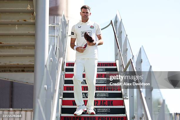 James Anderson of Lancashire looks on during Day 2 of the Rothesay County Championship match between Lancashire and Derbyshire at Emirates Old...