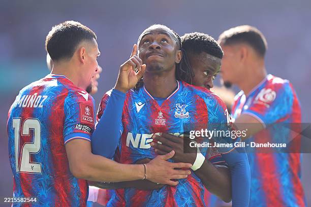 Eberechi Eze of Crystal Palace celebrates with teammates after scoring their side's first goal during the Emirates FA Cup Final match between Crystal...