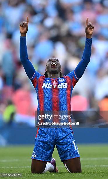 Eberechi Eze of Crystal Palace celebrates victory following the Emirates FA Cup Final match between Crystal Palace and Manchester City at Wembley...