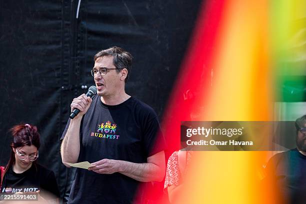 Gergely Szilveszter Karácsony, Mayor of Budapest, speaks from the stage during the Pride Parade celebrations on May 17, 2025 in Brussels, Belgium....