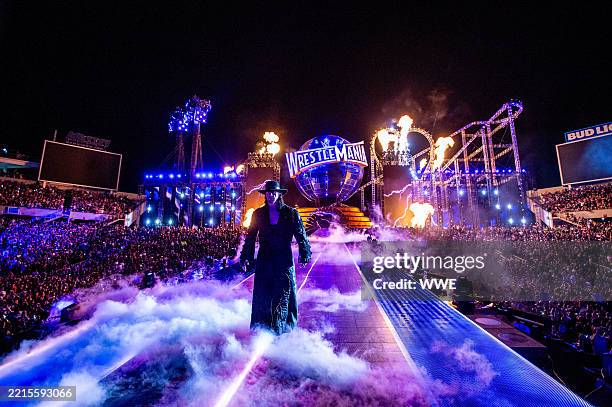 The Undertaker makes his entrance during WrestleMania 33 at Camping World Stadium on April 2, 2017 in Orlando, Florida.