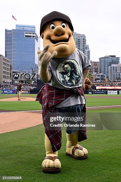 The San Diego Padres Swinging Friar mascot gesturesbefore the game against the Seattle Mariners at Petco Park on May 16, 2025 in San Diego,...