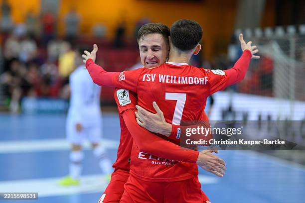 Davud Vehab of TSV Weilimdorf celebrates after scoring his team’s fifth goal during the Futsal Bundesliga Finals Game 2 between TSV Weilimdorf and...