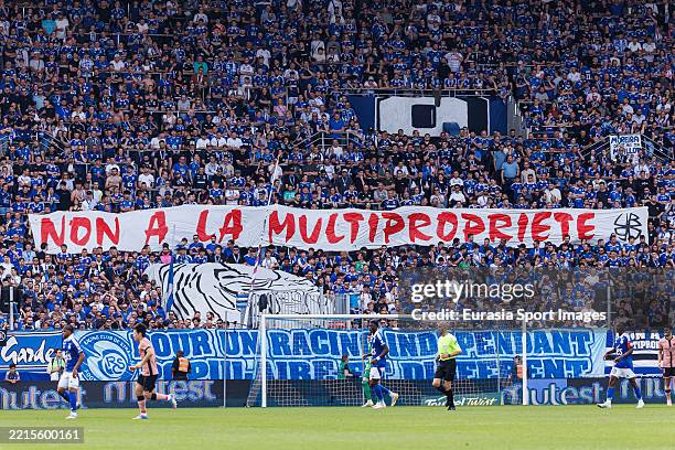Strasbourg supporters cheer their team the France Ligue 1 match between RC Strasbourg Alsace and Paris Saint-Germain FC at Stade de la Meinau on May...