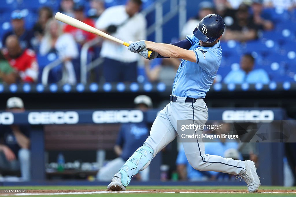 Miami Rays Brandon Lowe of the Tampa Bay Rays at bat against the Miami Marlins ...
