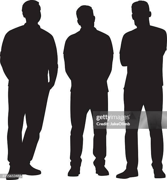 ilustraciones, imágenes clip art, dibujos animados e iconos de stock de tres jóvenes de pie siluetas - pelo facial