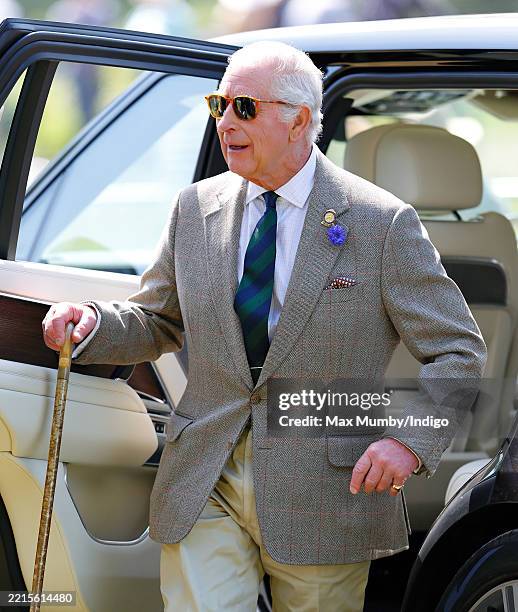 King Charles III gets out of his chauffeur driven Range Rover car as he attends day 3 of The Royal Windsor Horse Show in Home Park, Windsor Castle on...