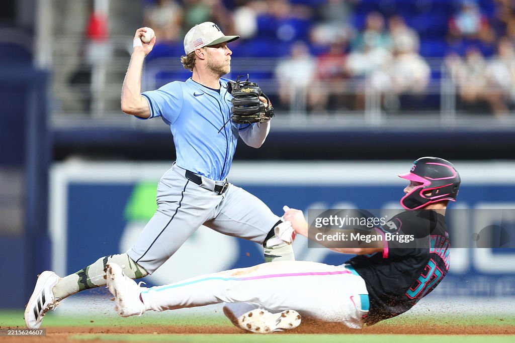 Miami Rays Taylor Walls of the Tampa Bay Rays throws the ball over Eric Wagaman ...