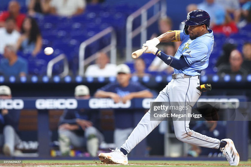 Miami Rays Chandler Simpson of the Tampa Bay Rays hits an RBI single against the ...