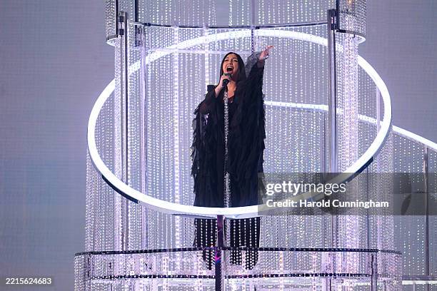 Yuval Raphael representing Israel performs on stage during the Grand Final of the 69th Eurovision Song Contest Opening Ceremony at St. Jakobshalle on...