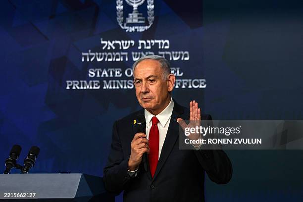 Israeli Prime Minister Benjamin Netanyahu gives a press conference in Jerusalem on May 21, 2025. Netanyahu said on May 21 that he was ready for a...