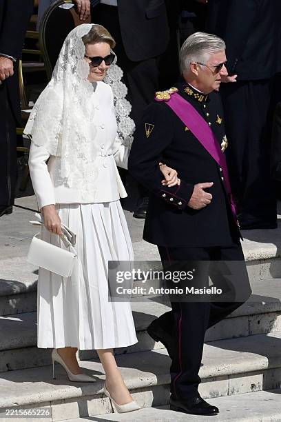 Queen Mathilde of Belgium and King Philippe of Belgium arrive ahead of the Inauguration Mass of Pope Leo XIV in St Peter's Square on May 18, 2025 in...