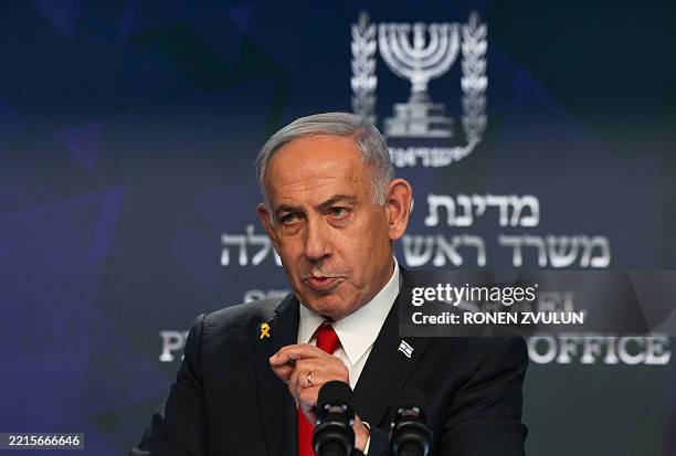 Israeli Prime Minister Benjamin Netanyahu gives a press conference in Jerusalem on May 21, 2025. Netanyahu said on May 21 that he was ready for a...