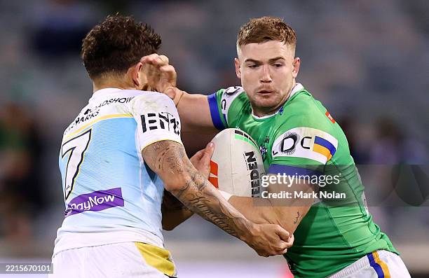 Nolan Stringer Hudson Young of the Raiders dt during the round eleven NRL match ...