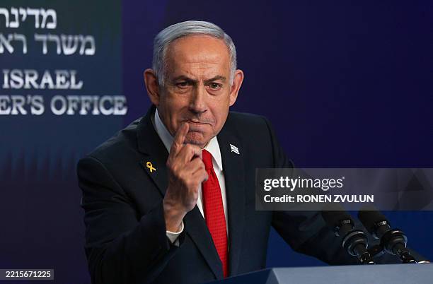 Israeli Prime Minister Benjamin Netanyahu gives a press conference in Jerusalem on May 21, 2025. Netanyahu said on May 21 that he was ready for a...