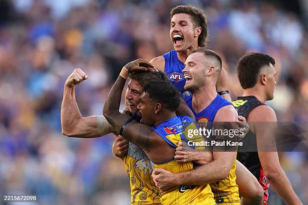 Brady Hough of the Eagles celebrates a goal during the round ten AFL match between Waalitj Marawar and Euro-Yroke at Optus Stadium, on May 18 in...
