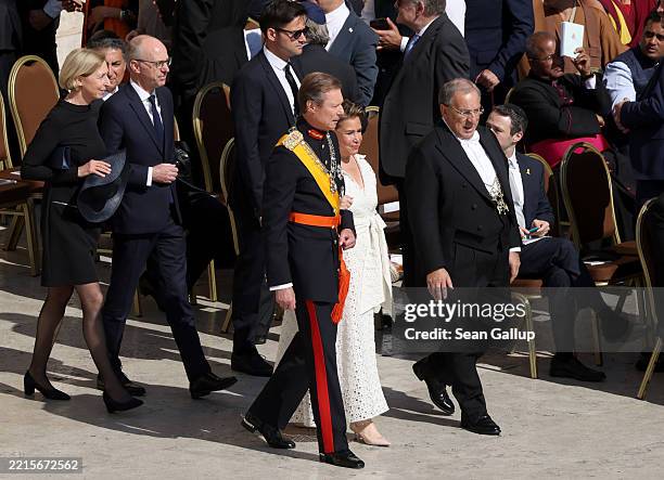 Grand Duke Henri of Luxembourg and Grand Duchess Maria Teresa of Luxembourg arrive ahead of the Inauguration Mass of Pope Leo XIV in St Peter's...