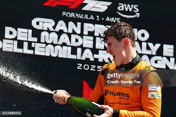 Race winner Alexander Dunne of Ireland and Rodin Motorsport celebrates on the podium during the Round 4 Imola Feature race of the Formula 2...