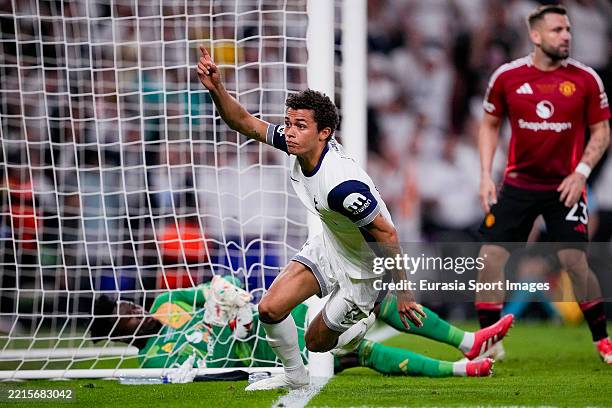Brennan Johnson of Tottenham Hotspur celebrates after scoring the opening goal during the UEFA Europa League 2025 Final match between Tottenham...