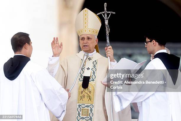 Pope Leo XIV leads the inauguration Mass of his Papacy in St. Peter's Square on May 18, 2025 in Vatican City, Vatican. Pope Leo XIV presided over his...