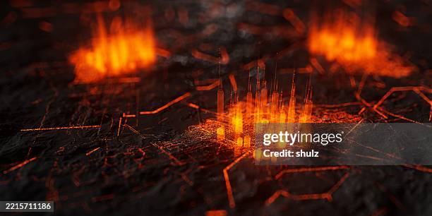 glowing data city on dark grid map - audio visual setup stock pictures, royalty-free photos & images
