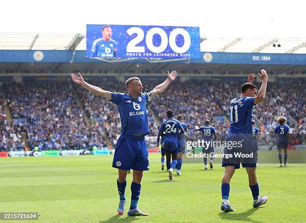 Jamie Vardy of Leicester City celebrates scoring his team's first goal which marks his 200th goal for Leicester City during the Premier League match...