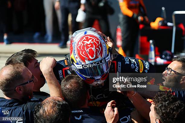 Race winner Max Verstappen of the Netherlands and Oracle Red Bull Racing celebrates in parc ferme during the F1 Grand Prix of Emilia-Romagna at...