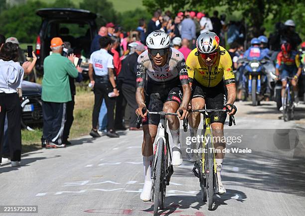 Isaac Del Toro of Mexico and Team UAE Team Emirates - XRG and Wout Van Aert of Belgium and Team Visma | Lease a Bike compete in the breakaway during...