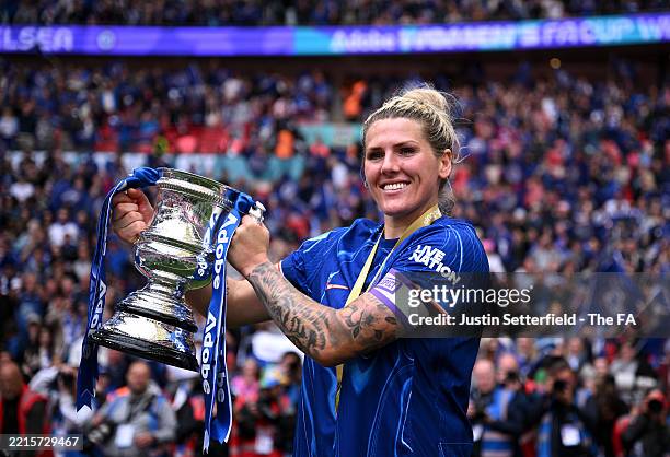 Millie Bright of Chelsea celebrates with the Adobe FA Cup trophy after her team's victory in The Adobe Women's FA Cup Final match between Chelsea and...