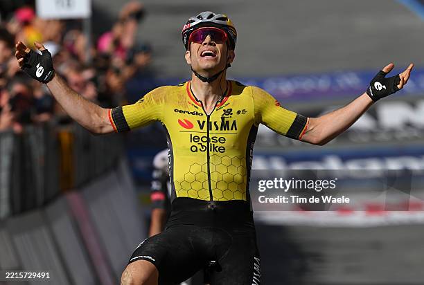 Wout Van Aert of Belgium and Team Visma | Lease a Bike celebrates at finish line as stage winner during the 108th Giro d'Italia 2025, Stage 9 a 181km...