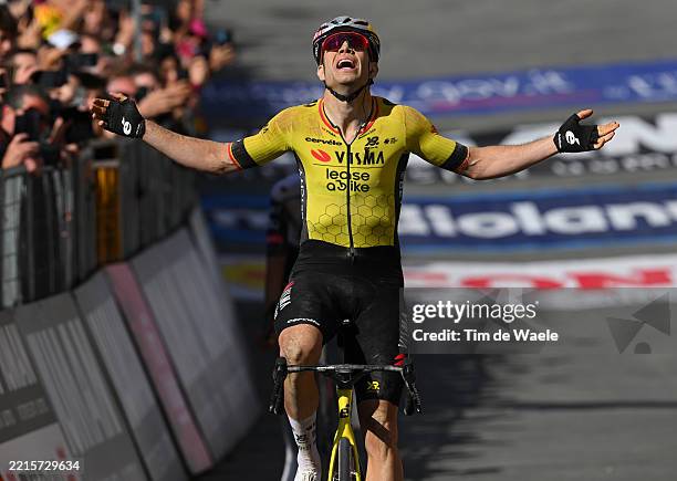 Wout Van Aert of Belgium and Team Visma | Lease a Bike celebrates at finish line as stage winner during the 108th Giro d'Italia 2025, Stage 9 a 181km...
