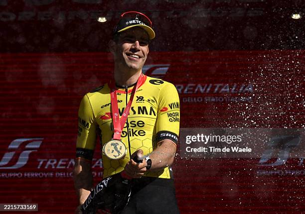 Wout Van Aert of Belgium and Team Visma | Lease a Bike celebrates at podium as stage winner during the 108th Giro d'Italia 2025, Stage 9 a 181km...