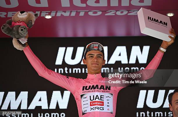 Isaac Del Toro of Mexico and Team UAE Team Emirates - XRG celebrates at podium as Pink Leader Jersey winner during the 108th Giro d'Italia 2025,...