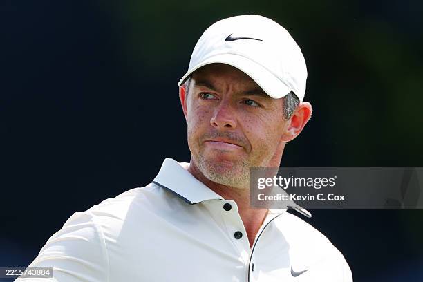Rory McIlroy of Northern Ireland looks on during the final round of the PGA Championship at Quail Hollow Country Club on May 18, 2025 in Charlotte,...